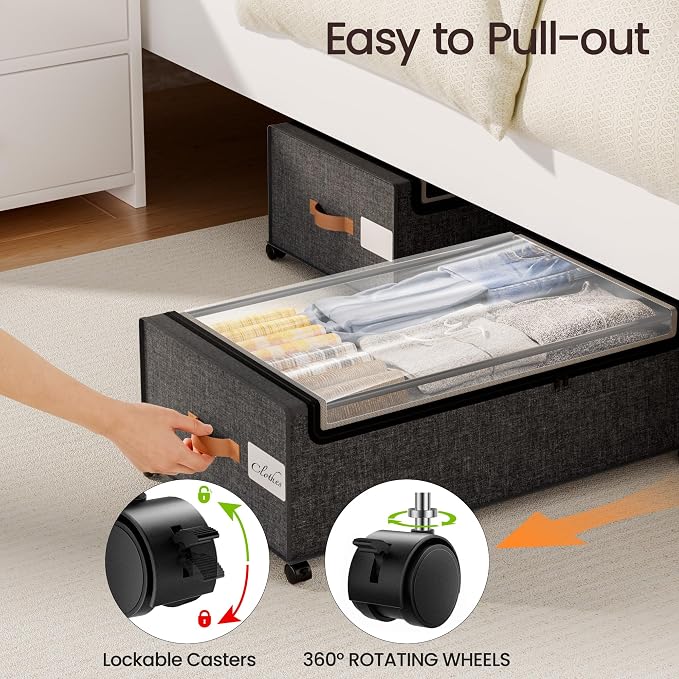 Yecaye 95L Under Bed Storage Containers, Fits 11" Under Bed, 2 Pack, Grey | XXL Capacity, 360° Rolling Wheels, Sturdy Metal Frame, Clear Window & Label, Storage Bins for Clothes, Shoes, Blankets