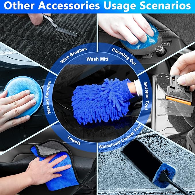 THINKWORK Car Wash Kit, Car Detailing Kit with Foam Gun, Car Wash Brush Mop and Large Folding Bucket Suitable for Car Cleaning, Blue Car Wash Set Gift for Men and Women