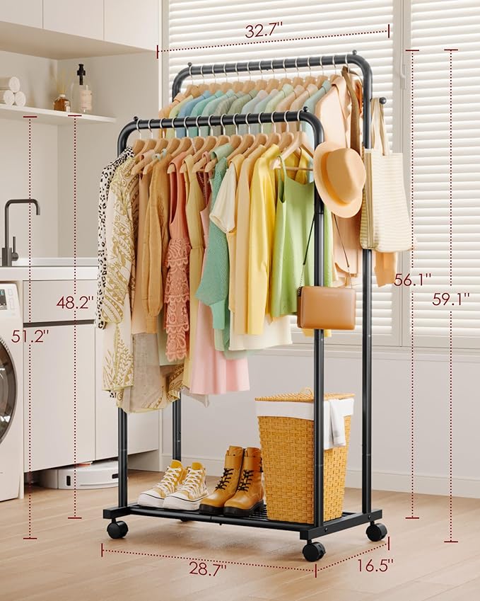 Sakugi Clothes Rack - Double Rods Clothing Rack with Mesh Shelf, Hooks & Wheels, Metal Clothing Racks for Hanging Clothes & Bags, Multifunctional Garment Rack for Laundry, Black, 28.7" x 16.5" x 59.1"