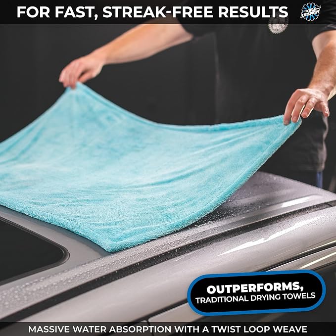 The Rag Company, The Liquid8r, Absorbent 70/30 Blend Microfiber Drying Towel for Cars, Trucks, and SUVs, Safe for Detailing, Scratch-Free, Twist Loop, 1100 GSM, 25x36 Inches, Aqua Blue