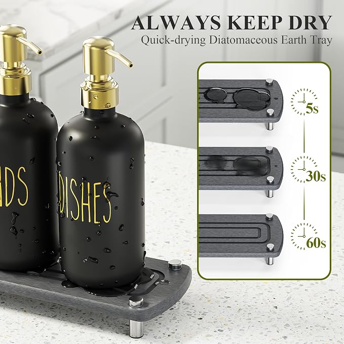 Cisily Kitchen Soap Dispenser Set Comes with Ceramics Sponge Holder, Gold Pumps, and Instant Dry Tray, Hand and Dish Soap Dispenser Set (4, Gold + Black + Sponge Holder)