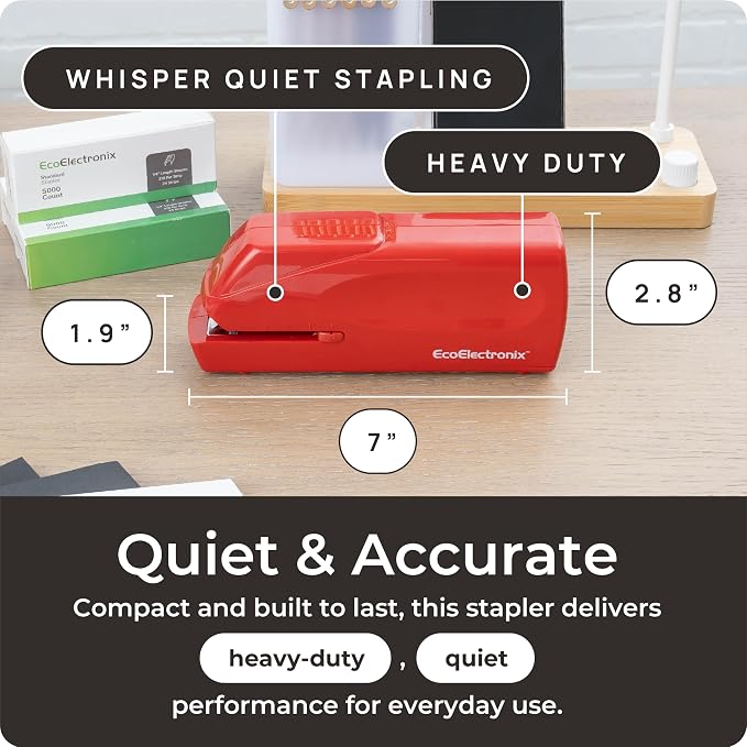 EcoElectronix Portable Automatic Electric Stapler Pro - 30 Sheet Capacity, Quiet Operation, Jam-Free and Easy Reload - AC Adapter/Battery Powered (Red)