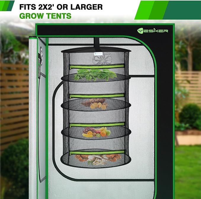 Yesker 4 Layer Herb Drying Rack Hanging Mesh Net Foldable Plant Drying Racks 24" Diameter with Green Zipper & Hook Dryer Hanging Rack for Herbs Seed Bud Fruit Clothes Grow Tent Closets Garden Outdoor | Diameter with Green Zipper & Hook Dryer Hanging Ra...