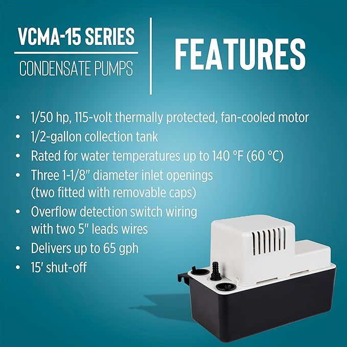 Little Giant VCMA-15ULS 115 Volt, 65 GPH, 1/50 HP Automatic Condensate Removal Pump for HVAC/Refrigeration Systems/Dehumidifiers with Overflow Detection Switch and 6-Foot Cord, White/Black, 554405