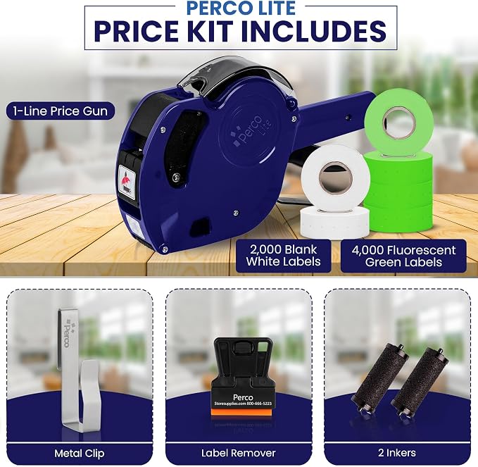 Perco Lite 1 Line Price Gun Kit for Retail Business – Includes 2 White Rolls, 4 Fluorescent Green Rolls, Gun Clip & Ink Rollers – Pre-Loaded Pricing Gun w Labels & Ink