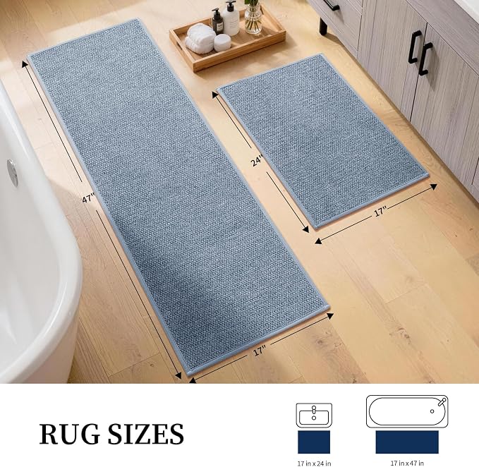 YIHOUSE Navy Blue Bathroom Rugs Sets 2 Piece, Quick Dry Thin Bath Mat, Non Slip Absorbent Machine Washable, Bath Runner Rug for Bathtub Sink Home Decor (17"x24" + 17"x47")