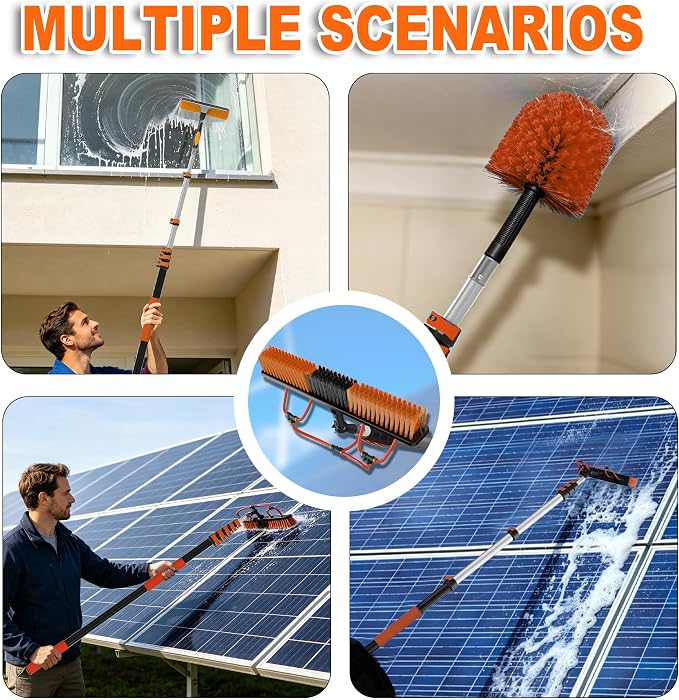 Buyplus 30FT Reach Solar Panel Cleaning Brush Kit with 5-24FT Telescoping Pole, Water Fed Window Cleaner Tool with 20" Brush, Soap Dispenser, Cobweb Duster, Squeegee for Roof, RV, Gutter, Deck,Orange