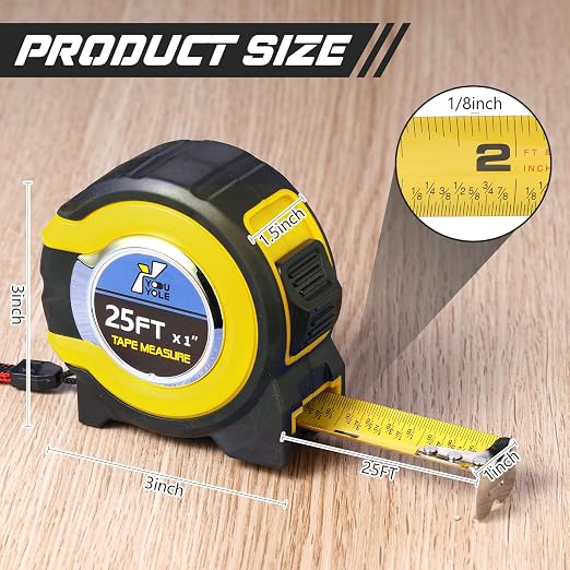 Youyole 10 Pack Tape Measure with Fractions 1/8 Steel Measuring Tape Retractable Easy Read Measurement Ruler Steel Power Blade (25 ft X 1 in,Yellow)