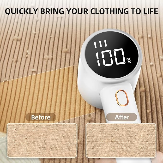 Fabric Shaver Lint Remover, Rechargeable Lint Shaver, Electric Sweater Defuzzer with 3 Speeds, 6 Blades, Digital LED Display to Remove Pilling for Clothes, Furniture, Couch, Blanket (Color : White)