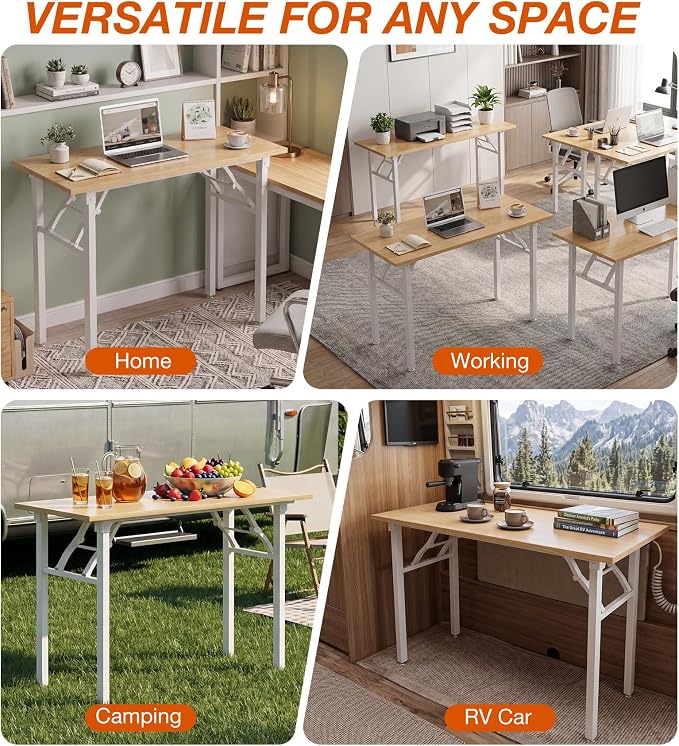 XBurmo Folding Desk Foldable Table, No Assembly 43.3" Foldable Desk Space-Saving Workstation for Small Space, Computer Table, Flat Storage for Home Office, Bedroom, Dorm, Study Room, Light Maple