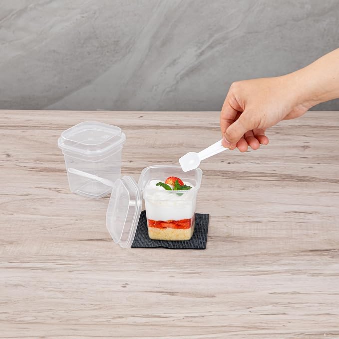 Restaurantware-Mini Serve 6.7 Ounce Dessert Cups With Lids And Spoons, 25 Disposable Serving Cups - Durable, Stackable, Clear Plastic Parfait Containers, For Dessert Take Out And Delivery Orders