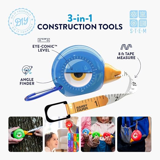 Handy Famm Kids Tape Measure & Tools Set Bundle – Hammer, Wrench, Screwdriver, Safety Glasses & Measuring Tape - 5 Piece STEM DIY Tool Kit for Boys & Girls Ages 5+