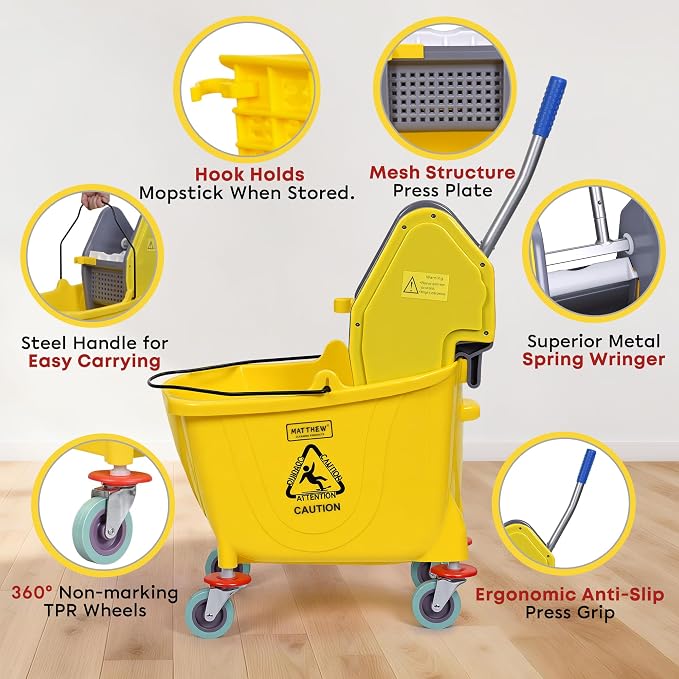 MATTHEW CLEANING 34Quarts Commercial Mop Bucket INCL.Wet String Mop with Down Press Wringer On Wheels,Industrial Heavy-Duty Floor Cleaning w/Handle, Mop Bucket for Home,Offices,Commercial, Restaurants