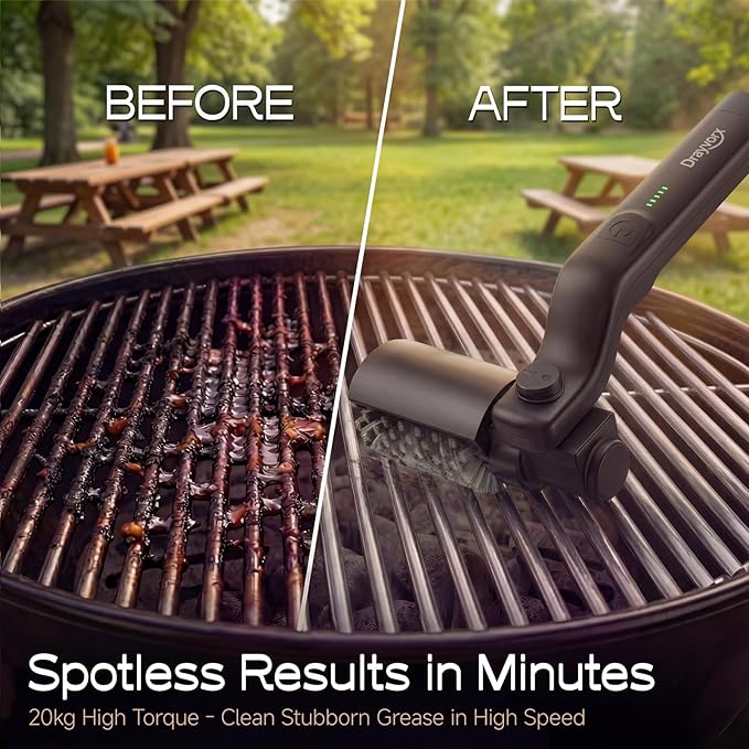 Electric Grill Brush, 20kg High Torque BBQ Cleaner with 3 Speed Modes, Reinforced Steel Bristle Scrubber, Type-C Rechargeable, Safe for Cast Iron & Porcelain Grates
