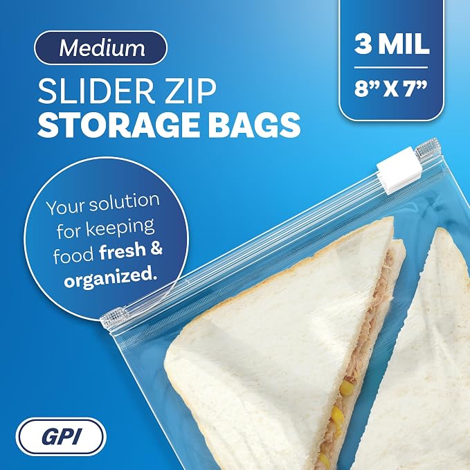 1000 Count - Slider Zip Quart Food Storage Bags, 8" x 7" 3 Mil Heavy Duty, Strong & Durable For Freezer Storage, For Sandwiches, Snacks & More. GPI