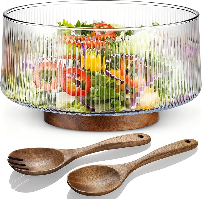 NiHome Glass Salad Bowl Set, Large Serving Bowl with Wood Utensils | Acacia Wood, Separate-Piece Ribbed Design for Easy Dishwasher Cleaning, Versatile for Pasta, wine & Snacks at Gatherings