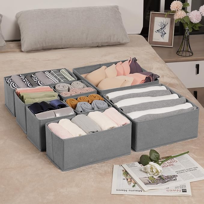 Criusia Drawer Organizer Clothes,16 Pack Underwear Drawer Organizers, Foldable Closet Organizers and Storage Dresser Drawer Dividers Clothing Organizer for Clothes, Socks, Scarves, Bra, Ties (Grey)