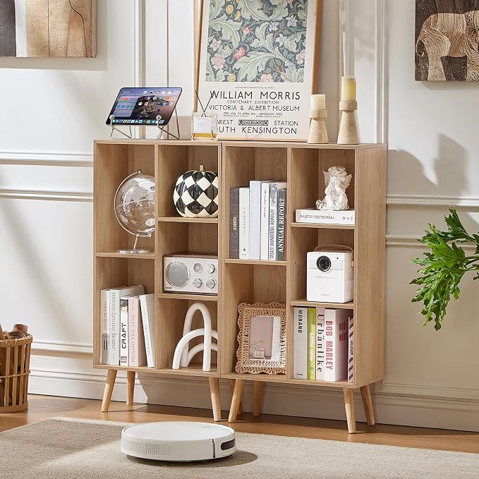 LEYAOYAO 5 Cube Bookshelf,Mid-Century Modern Bookcase with Legs,Light Wood | 3 Tier Book Shelf,Rustic Wood Bookshelves Freestanding Small Storage Organizer, Open Shelves for Bedroom, Living Room, Office