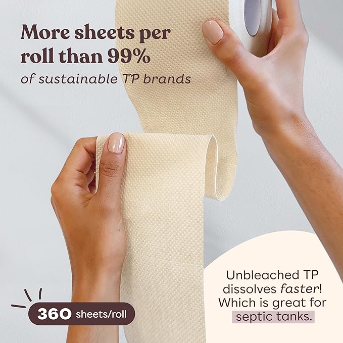 Betterway Unbleached Bamboo Toilet Paper Rolls - Eco-Friendly 3 Ply Toilet Tissue - 36 Long-Lasting Rolls - 360 Sheets/Roll - Organic, FSC Certified, Septic Safe TP - Lint-Free, PFAS-Free Bath Tissue