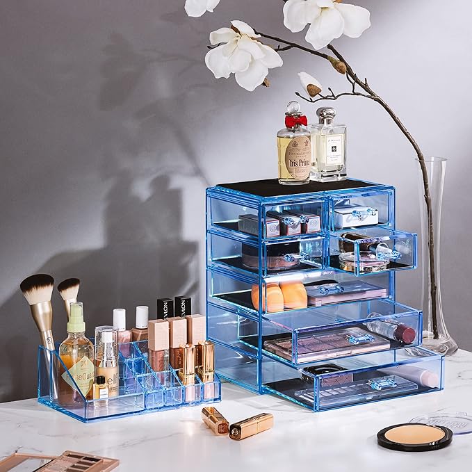 Sorbus Acrylic Makeup Organizer Set, 7-Drawer Vanity & Countertop Cosmetic Storage with Small & Wide Compartments, Blue Brilliance Makeup Storage for Brushes, Jewelry – Holiday Gift for Women & Teens