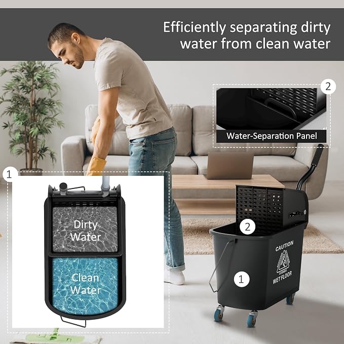 HOMCOM Commercial Mop Bucket Side Press Wringer Wheels 21 Quart Black | for Floor Cleaning, Separate Dirty and Clean Water, for Home Apartment Small Business and Office