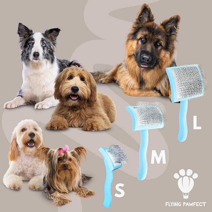 Pet Slicker Brush With Soft Massage Grooming Stainless Steel Pins - For Dematting, Shedding Fur, and Undercoat - Ideal Gift for Professional Pet Groomers - Long Slicker Brush (Blue, Curved Large)