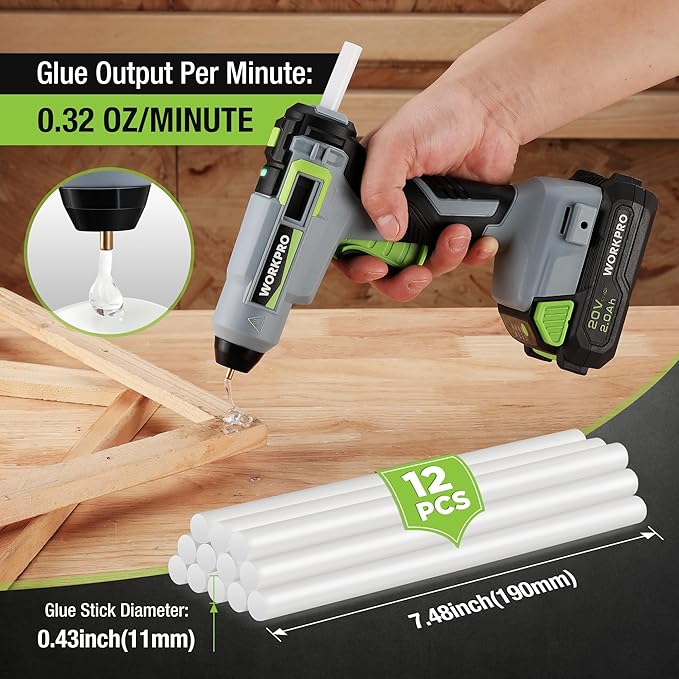 WORKPRO 20V Cordless Hot Melt Glue Gun Kit, 2.0 Ah Li-ion Battery Powered Rechargeable Full Size Hot Glue Gun, 45S Fast Preheating, Heavy Duty Wireless Glue Gun with 12 Pcs Glue Sticks for DIY & Craft
