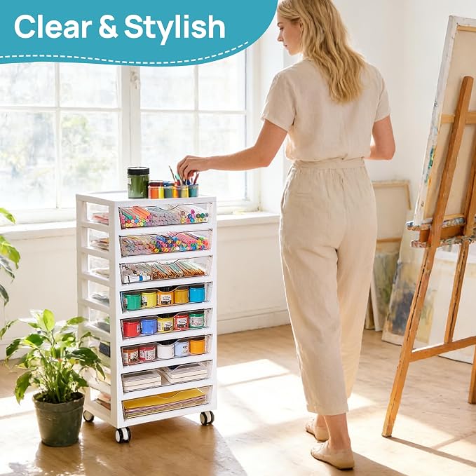 Vtopmart 8 Tier Rolling Cart with Drawers, Clear Plastic Drawers with Removable Dividers for Art &Office Supplies, Beauty Products, Toy, Under Desk Storage for Craft Room, Classroom