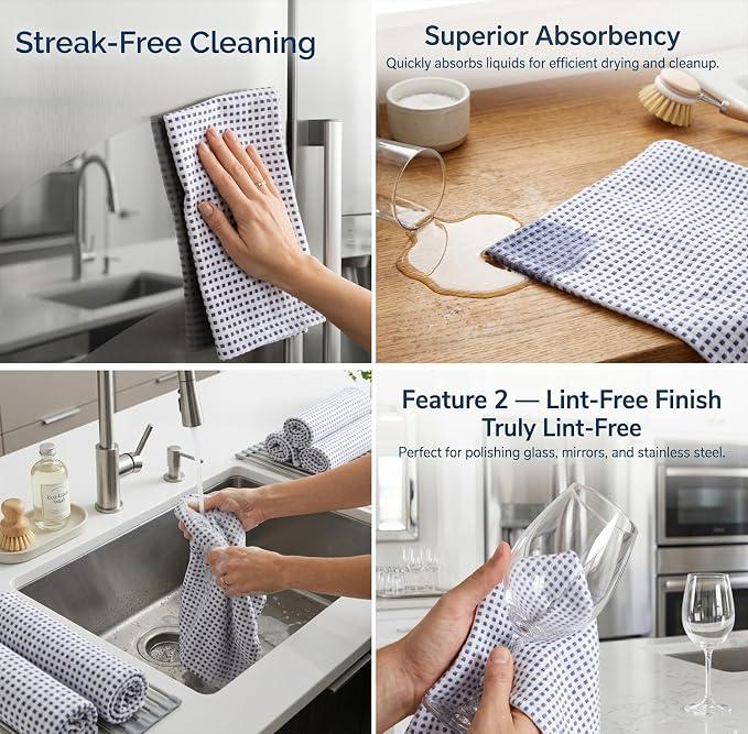 Urban Villa Christmas Dot Check Kitchen Towels Set of 6 20X30 Inches 100% Cotton Highly Absorbent Kitchen Towels Premium Quality Ultra Soft Mitered Corners Towels Iblue/White