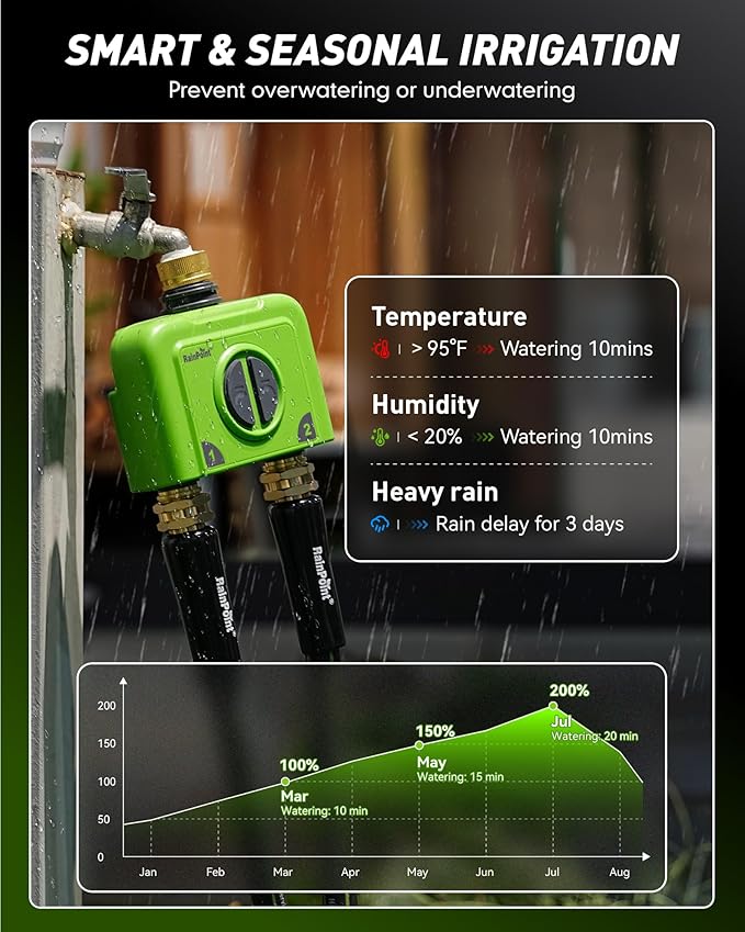 RAINPOINT WiFi Water Timer for Garden Hose, 2 Zone WiFi Sprinkler Controller, Smart Hose Timer Valve, Automatic Drip Irrigation System/Rain Delay for Garden/Yard (Brass Inlet & Outlet, No Gateway)