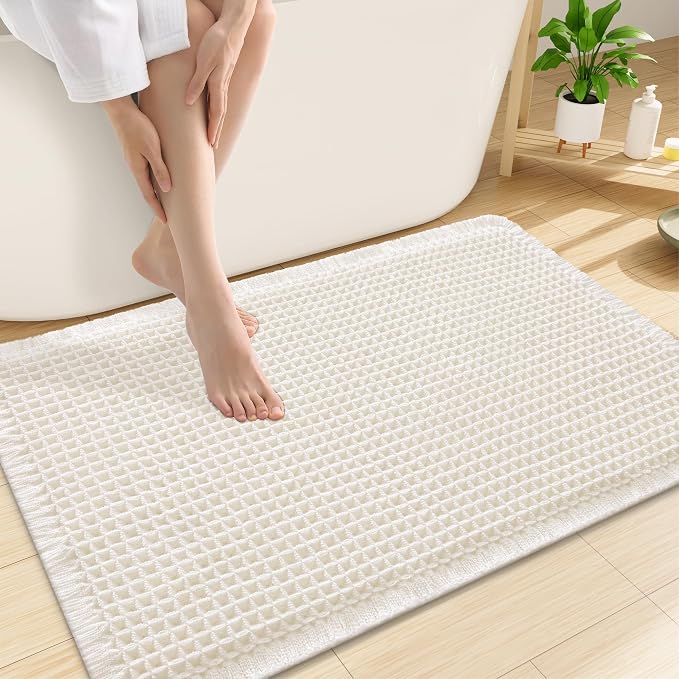Smiry Waffle Bath Mat 30x20, Extra Soft Absorbent Bathroom Rugs, Non Slip Machine Washable Quick Dry Bath Rugs for Bathroom Floor, Tub, Shower, Home Decor Accessories, Cream