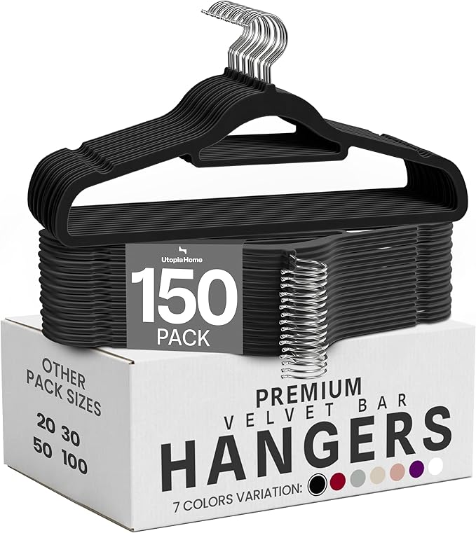 Utopia Home Premium Velvet Hangers 150 Pack - Non-Slip Clothes Hanger with Tie Bar - Black Hangers with 360 Degree Rotatable Hook - Heavy Duty Coat Hanger