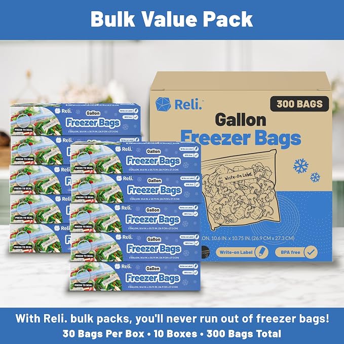 Reli. Gallon Freezer Bags (300 Count) 10.6x10.75 inch Freezer Bags 1 Gallon | Double Zipper Large Size | Press to Seal, Write on Label (1Gal)