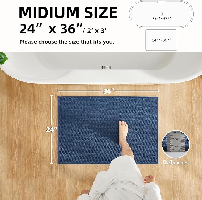 TYUU Bathroom Rugs Non Slip Washable, Super Absorbent Thin Bath Mat Quick Dry Low Pile Bathroom Rug, Navy Blue 24"x36"