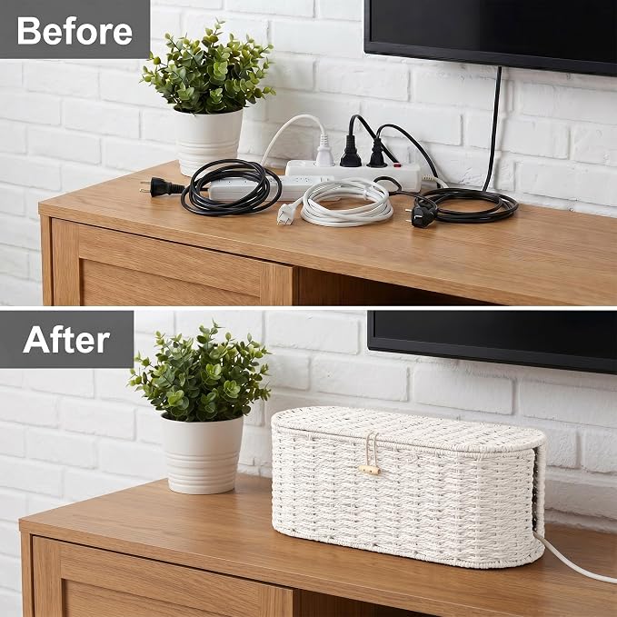 Set of 2 Cable Management Box, Handwoven Paper Rope Cord Hider Organizer Boxes with 3 Side Open Slots, Cable Organizer Box to Hide Cords Power Strip, USB Hub, TV Wires for Home, Office,Cream