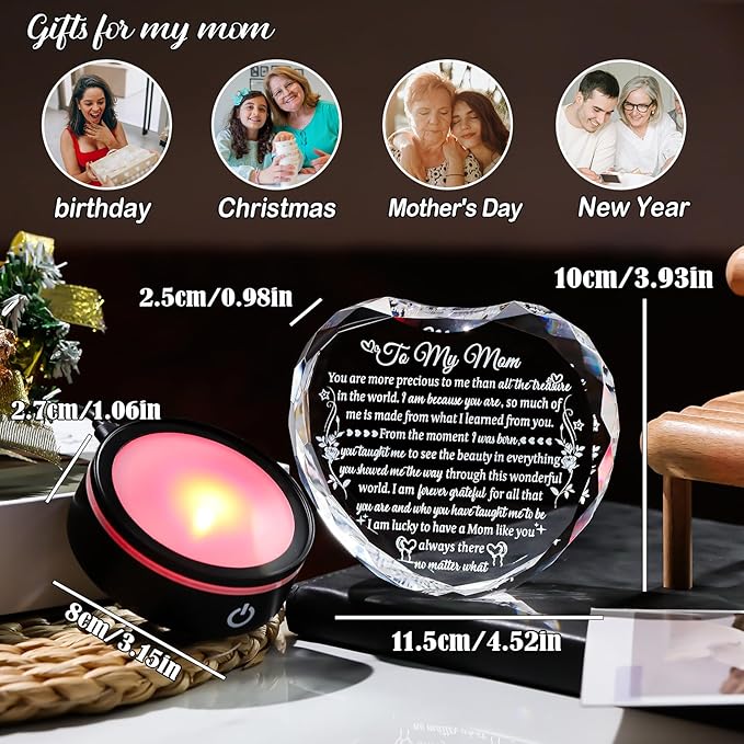 Arikyrist Gifts for Mom from Daughter Son with Colorful LED Base, Unique Moms Birthday Gifts Crystal Heart Keepsakes to My Mom Gift for Mother's Day Thanksgiving Presents for Best Mother Ever