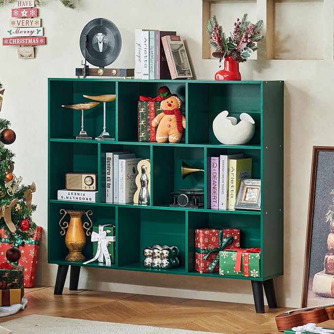 LEYAOYAO 10 Cube Bookshelf,Mid-Century Modern Bookcase with Legs,Dark Green | 3 Tier Book Shelf,Rustic Wood Bookshelves Freestanding Large Storage Organizer, Open Shelves for Bedroom, Living Room, Office