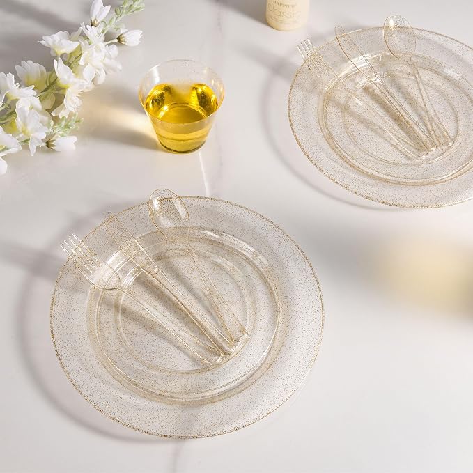 BESTVIP 600PCS Gold Glitter Dinnerware Set for 100 Guests, Plastic Plates for Party, 100 Gold Disposable Plates, 100 Dessert Plates, 100 Cups, 100 Spoons, 100 Forks and 100 Knives