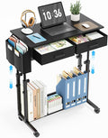 Small Standing Desk with Storage, Height Adjustable Sit Stand Desk with Drawers, Mobile Office Desk with Wheels and Side Pocket, Adjustable Laptop Workstation for Home Office