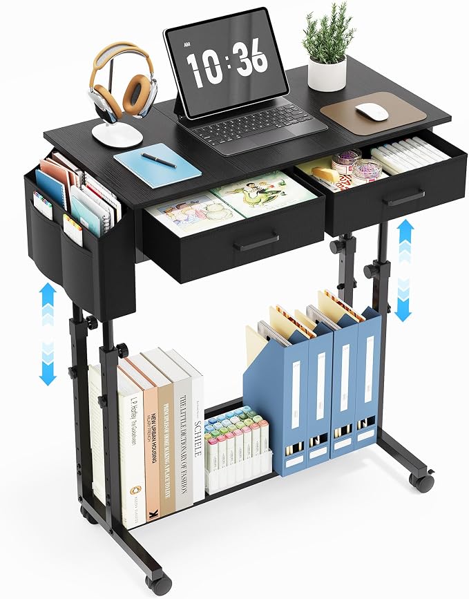 Small Standing Desk with Storage, Height Adjustable Sit Stand Desk with Drawers, Mobile Office Desk with Wheels and Side Pocket, Adjustable Laptop Workstation for Home Office
