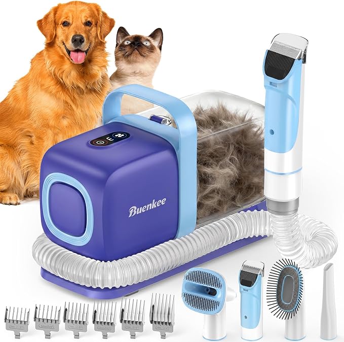 buenkee Dog Grooming Kit with Vacuum, 15000Pa Pet Hair Clipper and Shedding Brush, 50dB Low Noise, 2L Capacity, White