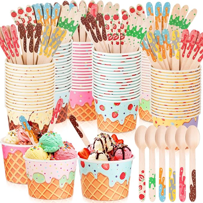 Nuogo 360 Pcs 180 Sets Ice Cream Cups with Spoons Bulk 9.5 oz Disposable Paper Ice Cream Bowls Colorful Dessert Cups Containers for Yogurt Sundae Bar Supplies Summer Gatherings Birthday Party