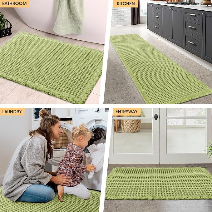 IM HOME Waffle Bath Mat Sage Green 5'x2', Boho Woven Modern Bath Mat Rugs, Absorbent Non Slip Bathroom Rugs, Soft Washable Bath Rugs with Tassels for Bathroom, Bedroom, Kitchen, Shower, Tub