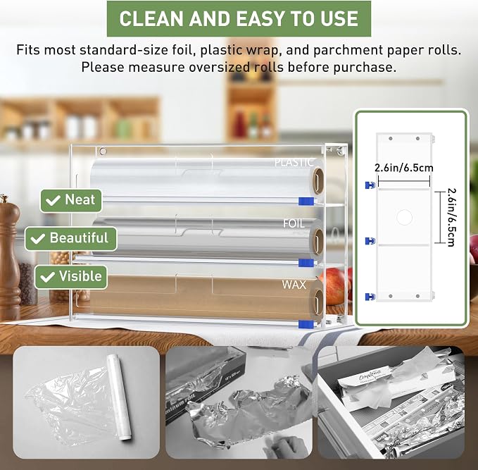 Kitchen Wrap Organizer, Foil and Plastic Wrap Organizer 3 in 1 with Sliding Cutter, Acrylic Wrap Dispenser for Drawer or Wall Mount, Fits 12 Inch Rolls