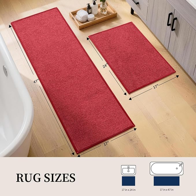 YIHOUSE Red Bathroom Rugs Sets 2 Piece, Quick Dry Thin Bath Mat, Non Slip Absorbent Machine Washable, Bath Runner Rug for Bathtub Sink Home Decor (17"x24" + 17"x47")