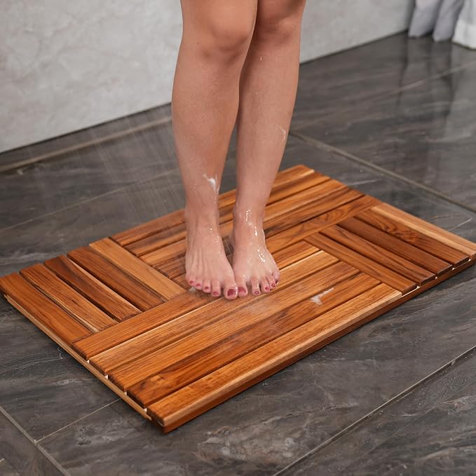 Utoplike Teak Wood Bath Mat, Shower Mats for Bathroom 32 x 20 inch Large | with Non-Slip Pads, Wood Floor Sturdy Mat for Inside Shower, Luxury Spa Home or Outdoor