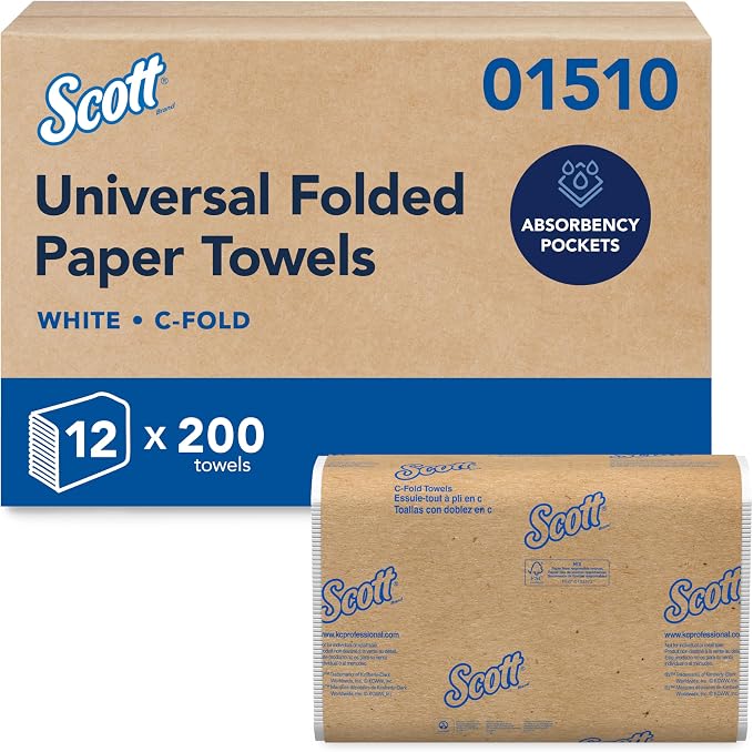 Scott Professional C-Fold Paper Hand Towels, Bulk, 12 x 200 Sheets (01510) | Universal, Standard Tier, Absorbency Pockets, White, Compatible with Universal Folded Towel Dispensers