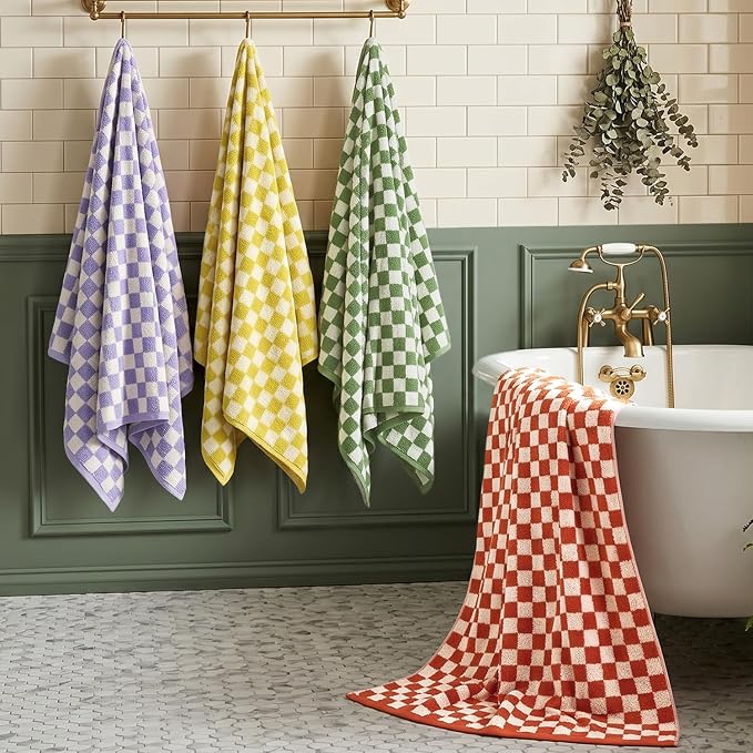Checkered Bath Towels Set of 4 - Cotton Towels for Bathroom, Beach, Pool | Shower Towels (Purple, Yellow, Green, Orange), 520GSM