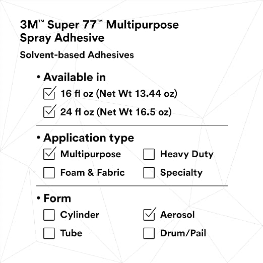 3M Super 77 Multipurpose Permanent Spray Adhesive Glue, Paper, Cardboard, Fabric, Plastic, Metal, Wood, Net Wt 13.44 oz