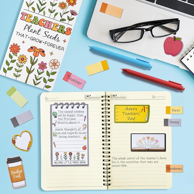 Xqumoi 2 Pack Retro Wildflowers Teachers Sticky Notes Set - Teacher Plant Seeds Self-Stick Note Pads Appreciation Notepads Writing Memo Pad Page Marker Back to School Office Supplies Thank You Gift